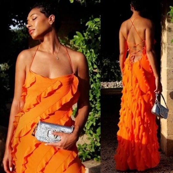 NWT STAUD Elvire Ruffle Maxi Dress - Monarch Orange Gown Party Cocktail Event - Picture 2 of 9